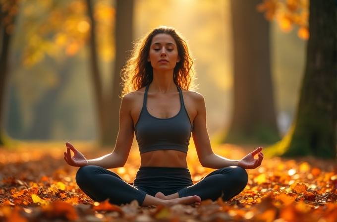 A woman meditates peacefully in a sunlit forest surrounded by vibrant autumn leaves.