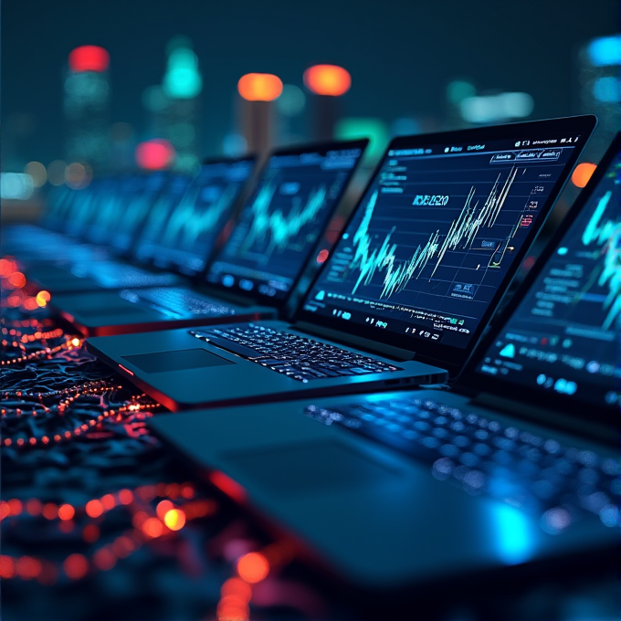 A futuristic scene featuring multiple laptops displaying complex stock market graphs, set against a backdrop of a cityscape with glowing lights at night.