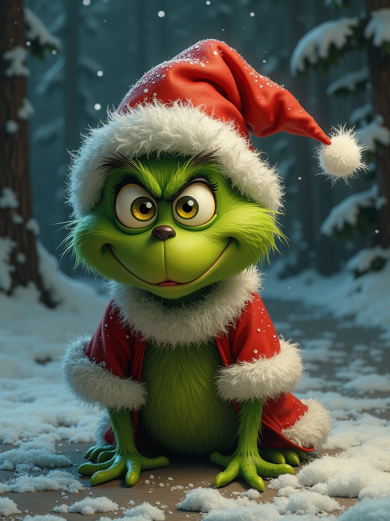 Grinch character wearing Santa outfit in a snowy forest setting. Character is green with fur and wearing red and white Christmas attire, set in a whimsical winter landscape.