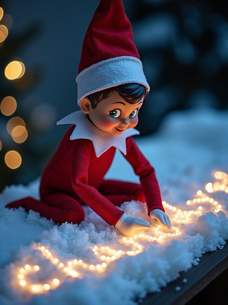 Elf toy sits in soft snow. Elf writes names using magic lights. Snow surrounds the elf. Cursive writing is visible. Name is chanodya.