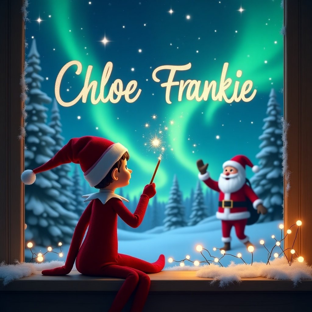 The scene features an elf on the shelf sitting with his back to the viewer. He is facing a starry sky where the northern lights illuminate the night. With a magic wand, the elf is elegantly writing the names 'Chloe' and 'Frankie' in the sky. In the background, Santa Claus joyfully waves at the elf. The atmosphere is warm and festive, filled with the essence of Christmas magic. Surrounding the window are small twinkling lights, enhancing the holiday cheer. Snowy trees create a picturesque winter landscape outside the window.