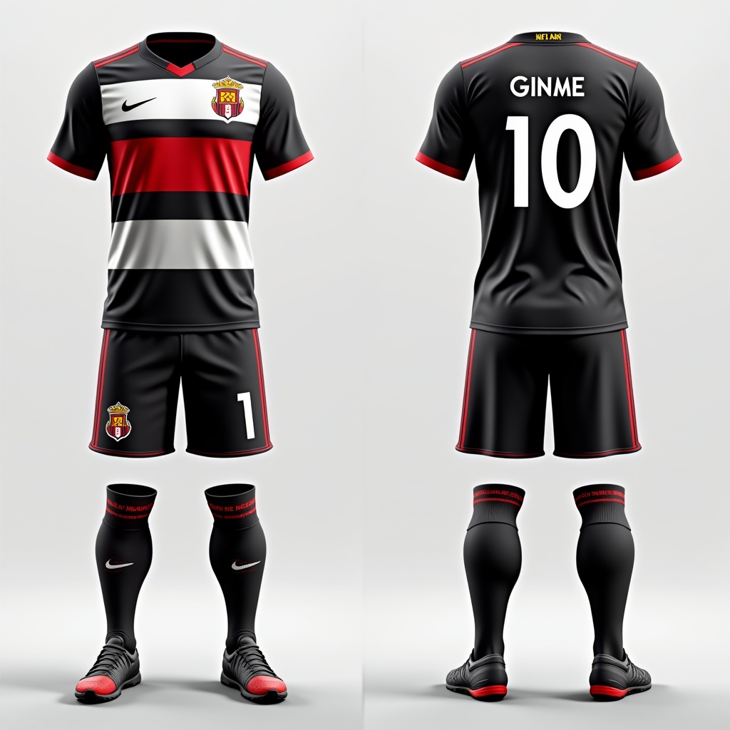 Design a football kit using black, white, red, and gray colors. Include a club logo on the left side of the chest. Add a player name and number on the back. Include the text WE ARE GINGA on the neck and sides of the pants.