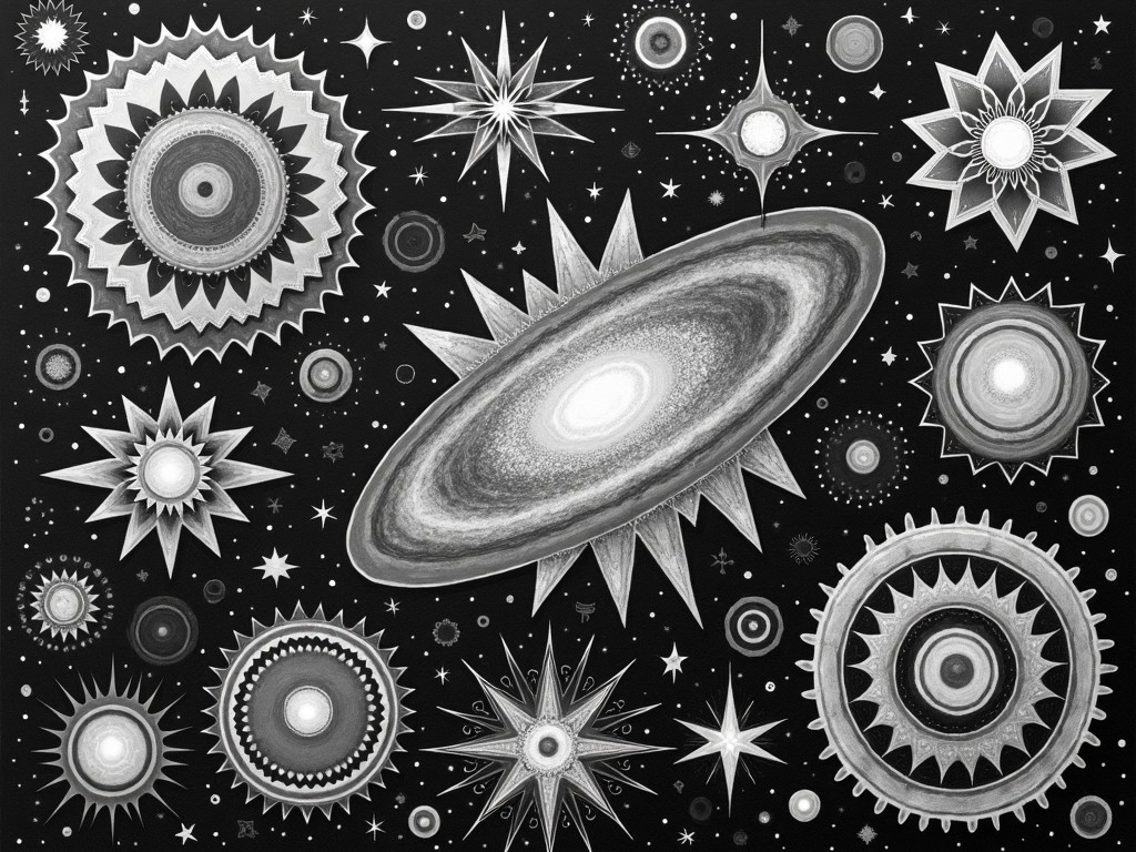 A black and white cosmic illustration featuring stars and galaxies with varied geometric patterns.