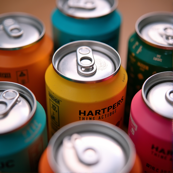 A close-up view of vibrantly colored beverage cans featuring yellow, orange, pink, and teal hues, showcasing modern typography on their labels.