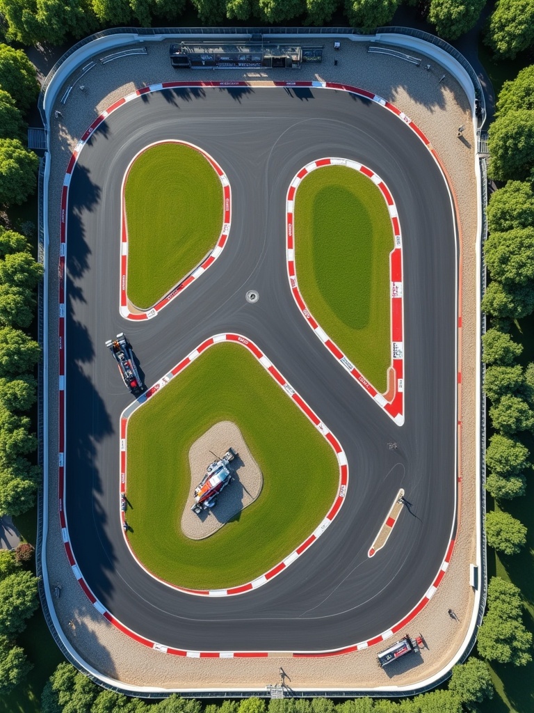 A detailed racing track layout from a top-down view. The track features tight hairpin turns and is 750m long. A curve chicane and a pit lane are visible. Green grass and gravel traps are alongside safety barriers and grandstands. Trackside flags and advertisements enhance the view.