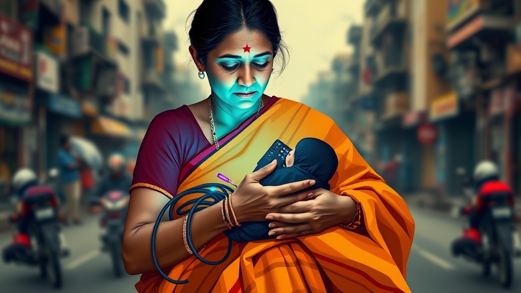 A woman in a traditional sari holding a baby, her face illuminated by a mobile device, on a busy street with motorcycles and buildings in the background.