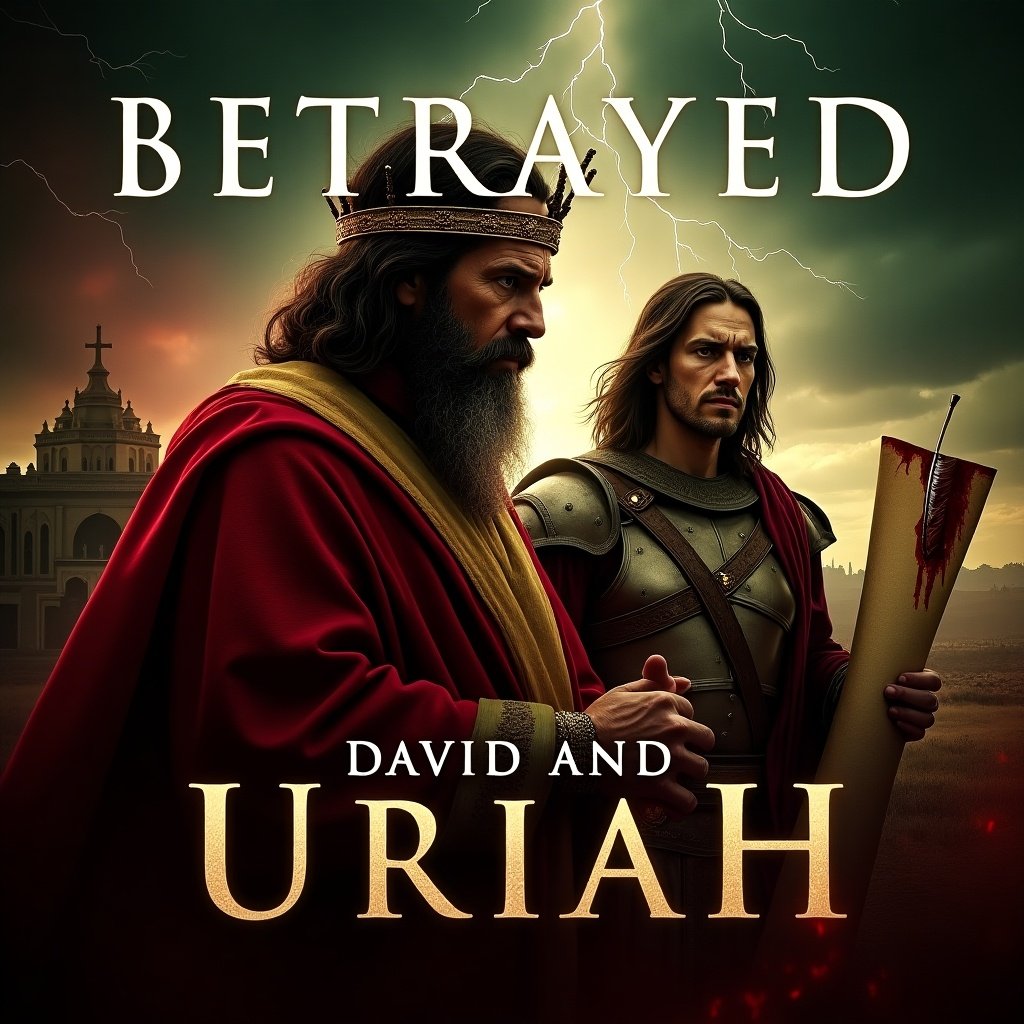 Thumbnail for a biblical video titled 'David and Uriah'. Vibrant colors include red, olive green, and black, with subtle gold accents. Background features stormy skies, David's palace, and a battlefield. Focus on David showing regret and Uriah with distrust. Text includes powerful words like 'Betrayed' or 'Guilt'. Visual effects add blood, lightning, and a red aura around David.