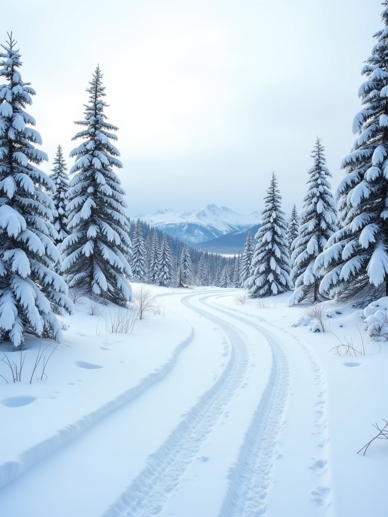 Serene winter landscape with snow-covered trees and distant mountains. Winding path leads through the snow. Soft overcast light creates a gentle glow. Clear tyre tracks in the foreground suggest previous visitors. Evokes feelings of peace and the beauty of nature in winter.