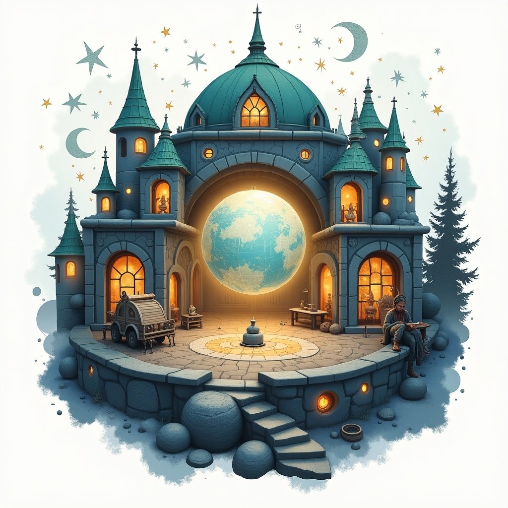 A fantasy scene with a white background features an elf planetarium. The structure has turrets and domes, showcasing a glowing planet inside. Surrounding elements include trees and whimsical characters.