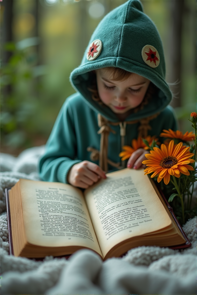 A child in a cozy hooded sweatshirt reads a book outdoors next to vibrant flowers.