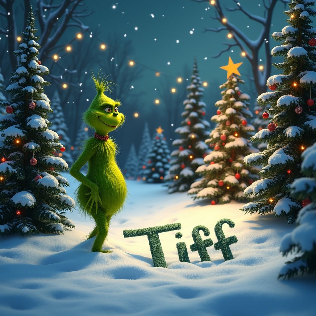 The Grinch stands in snow surrounded by decorated Christmas trees. Grinch writes 'Tiff' in snow. Whimsical holiday scene created with lights. Festive atmosphere.