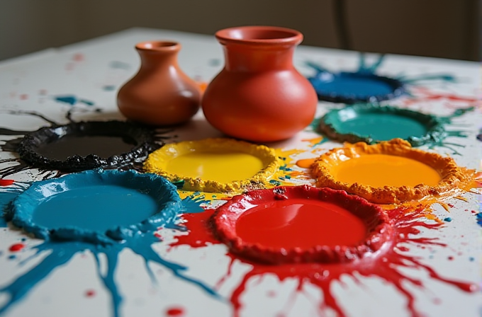 Two clay vases sit amidst vibrant splatters of colored paint on a white surface.