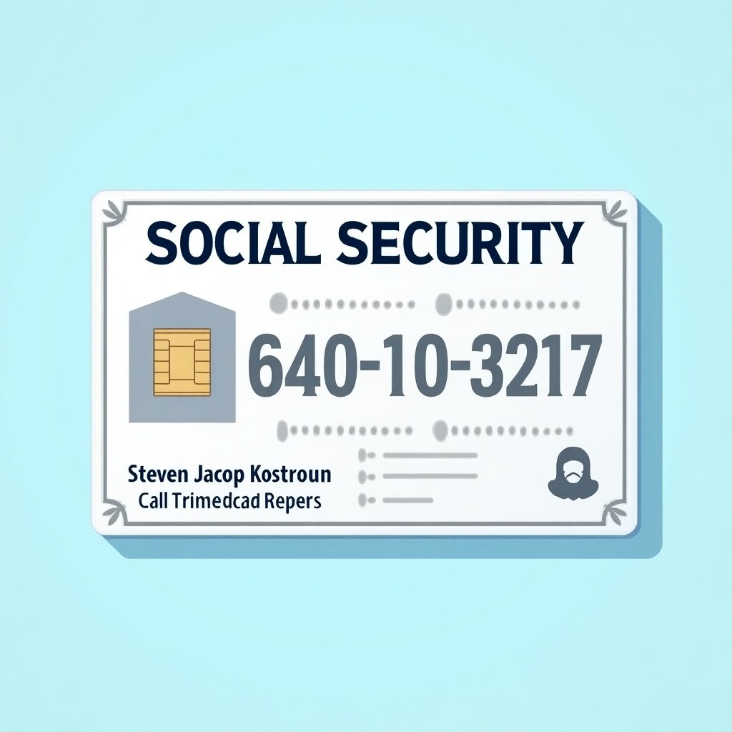 Depiction of a generic social security card. Card shows the text 'SOCIAL SECURITY' prominently. Key numbers displayed include '640-10-3217'. A graphic chip is illustrated on the card. Decorative elements indicate its official nature. Background is soft blue, enhancing visual appeal. Design looks professional and clean, reflecting importance of social security.