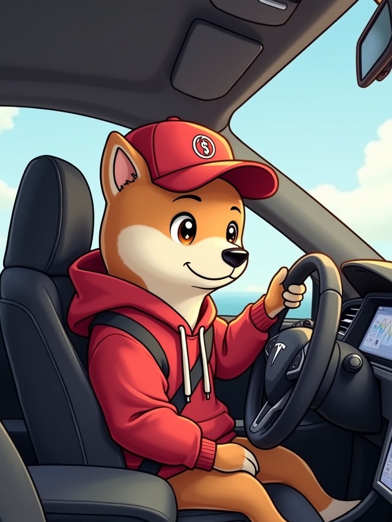 Animated cartoon character is a Shiba dog. Dog wears a luxurious red hoodie. Dog has a red baseball cap with $TRP on it. Dog is driving a Tesla cyber truck.