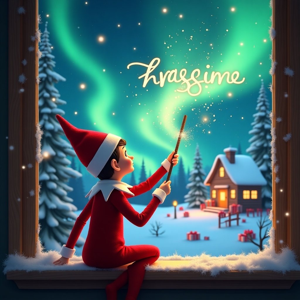 The elf on a window ledge looks up at northern lights. The scene shows snow-covered trees and a warm cabin. The elf wears a red outfit and holds a wand. Sparkles are created in the air. The atmosphere is magical and festive.