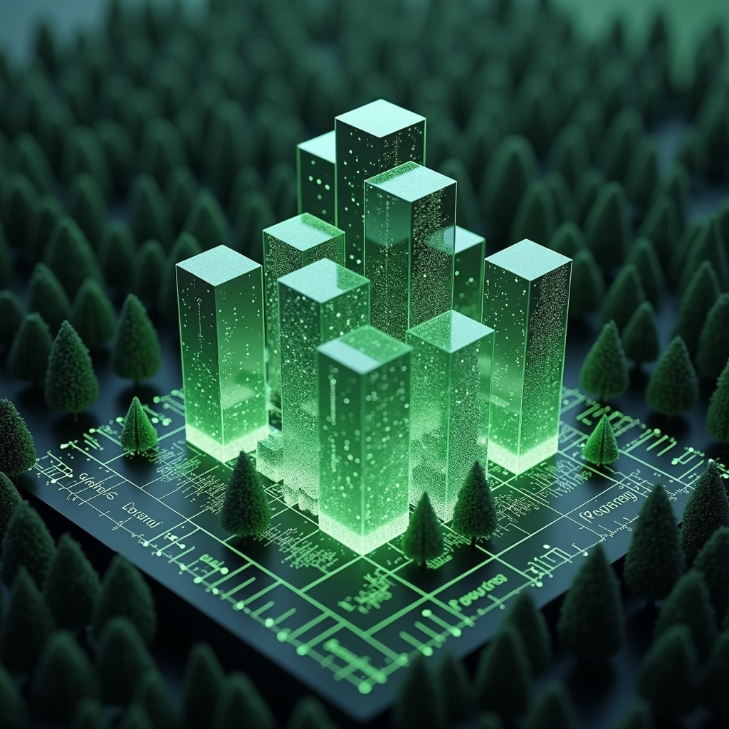 A futuristic cityscape made of glowing green towers, surrounded by stylized trees, suggesting harmony between technology and nature.