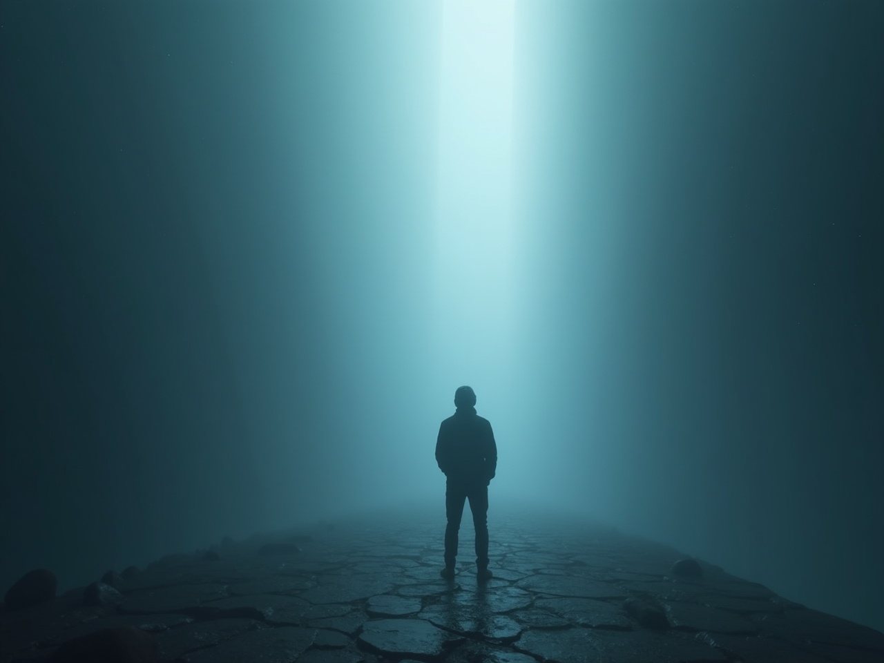 This image depicts a solitary man standing on a cracked path, facing a vast space illuminated by a bright light. The atmosphere is foggy, shrouding the surroundings in mystery and depth. Tall, shadowy walls rise on either side, emphasizing the height of the space. The light seems to beckon, creating a sense of hope or contemplation. The overall feel evokes thoughts of isolation and introspection, making it a striking visual for various creative projects.