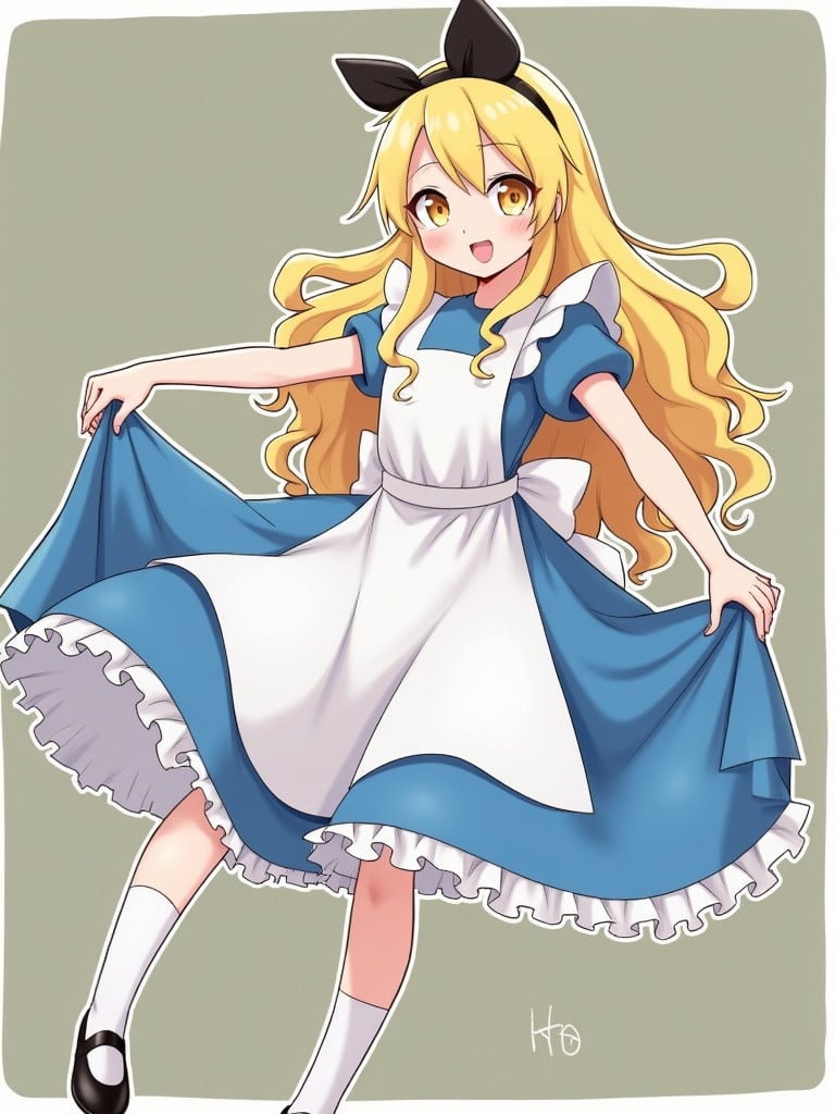 Anime-style character resembling a classic literary figure. Character has long blonde hair and wears a blue dress with white apron. The dress features frills and the character is posed elegantly. Background is a soft grey.