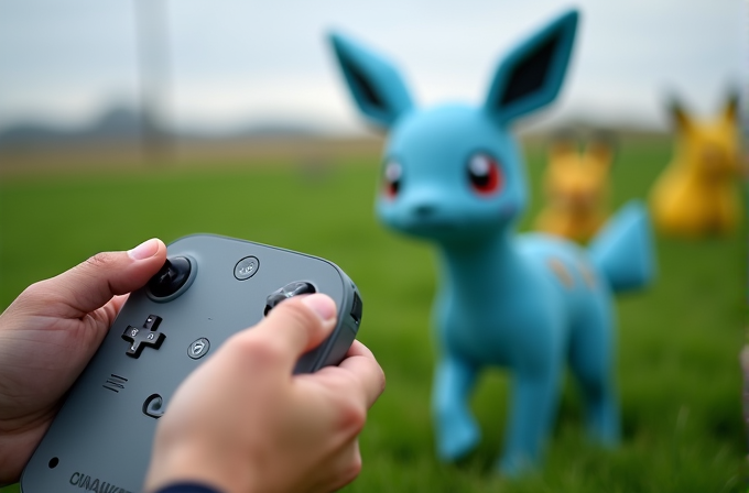 A person is holding a game controller, seemingly directing attention towards adorable, detailed toy creatures resembling characters from a popular fantasy series, standing on a vibrant green grassy field.