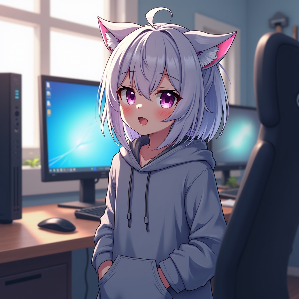 Anime-style character with white hair in a gaming PC room. Character wears a hoodie. Bright daylight illuminates the scene.