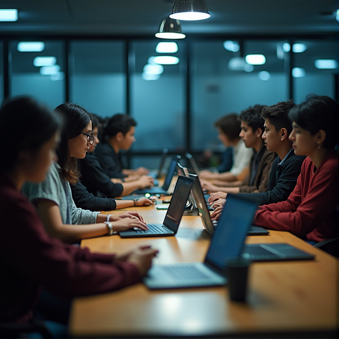 A group of people intensely working on laptops in a dimly lit office.