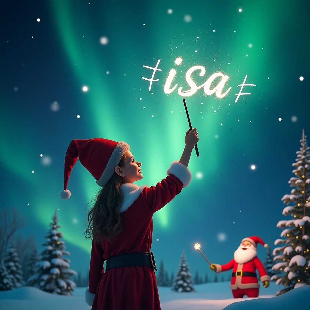 Elf facing magical sky. Wand in hand. Writing names in the air. Background of northern lights and Santa. Name written is 'Iisa'.