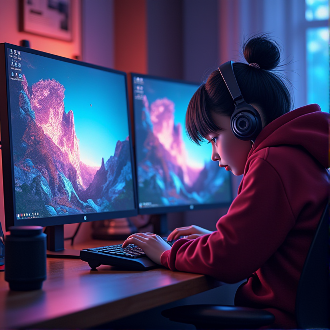 A young person in headphones intently works on a computer with dual monitors displaying vibrant landscapes.