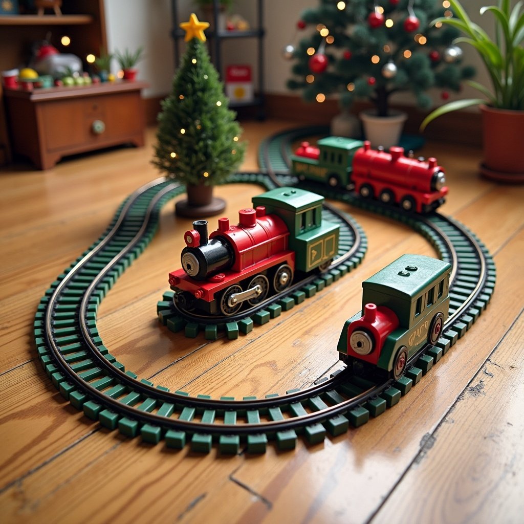 Christmas train set displayed indoors. Train moves around circular track. Decorated Christmas tree nearby. Warm atmosphere with holiday spirit.