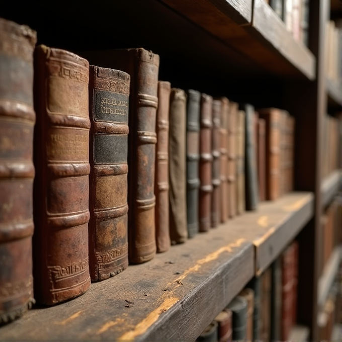 A shelf filled with old, leather-bound books in a dimly lit library.