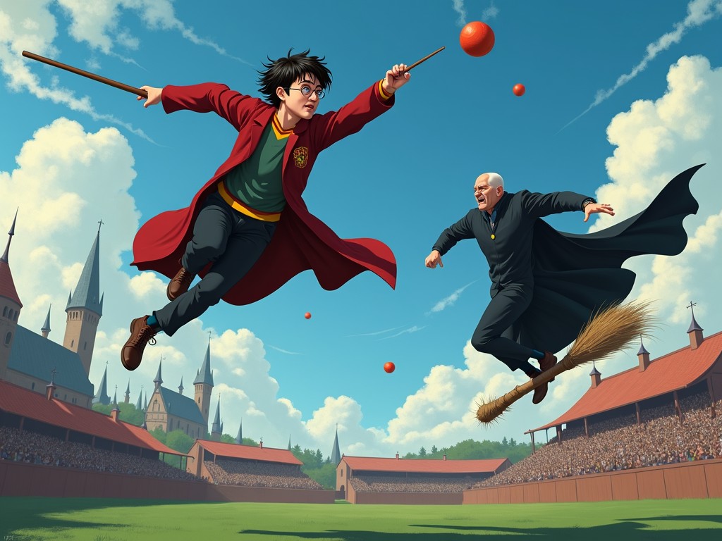 The image depicts a dynamic and magical scene with two wizards flying on broomsticks in a lively Quidditch match. One is dressed in a red robe and reaching for a ball, while the other is clad in black, offering contrast and tension. The background features a medieval-style stadium filled with an enthusiastic crowd, against a backdrop of a bright blue sky and fluffy clouds, enhancing the sense of magic and competition.