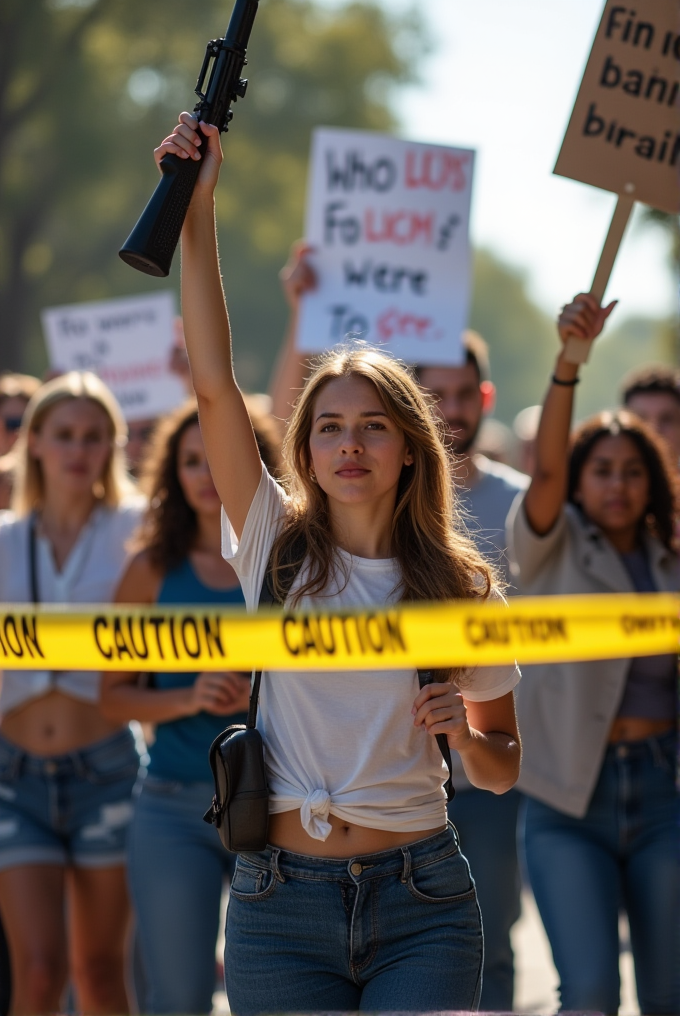 A woman leads a protest holding a microphone, surrounded by people with signs and caution tape.