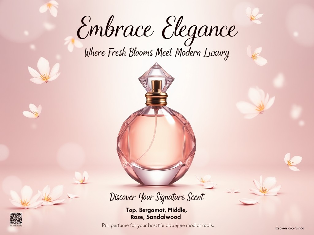 This image features an elegant perfume bottle at the center, surrounded by soft pink floral patterns. The background is a delicate pink that enhances the luxurious feel of the product. The elegant bottle design has modern geometric shapes, reflecting light to add depth. The text 'Embrace Elegance' is prominently displayed at the top in a stylish font, while the tagline below describes the fragrance. At the bottom, there's a call to action inviting viewers to discover their signature scent. Additional details include perfume notes and a small logo, with a QR code for easy access to more information.