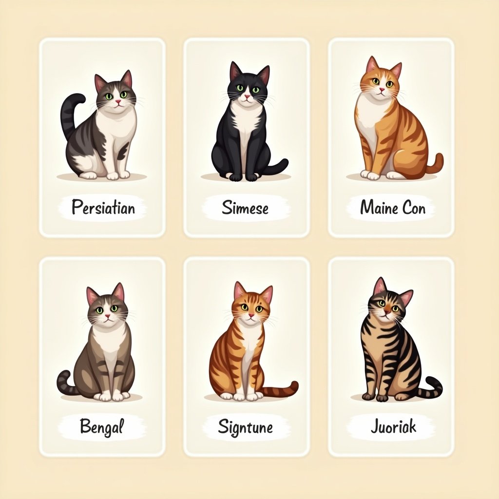 Illustrations of different cat breeds displayed as flash cards. Cats include Persian, Siamese, Maine Coon, Bengal, Signet, and Juoriak. Each card features a cat depicted in a cute style with breed names.