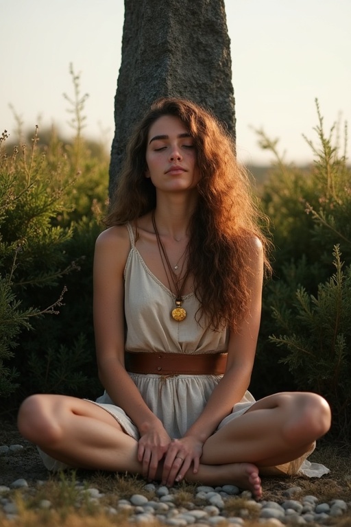 Young woman sits cross-legged against a menhir. Simple natural-colored frock and leather belt. Golden medallion around her neck. Meditating with serene expression. Menhir towers above her made of dark granite. Dense shrubs frame the scene. Stony ground with sparse wild herbs. Evening light illuminates her face.