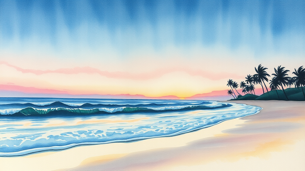 A tranquil beach scene with palm trees silhouetted against a pastel-colored sunset, gentle waves lapping the shore, and a soft, blue sky above.