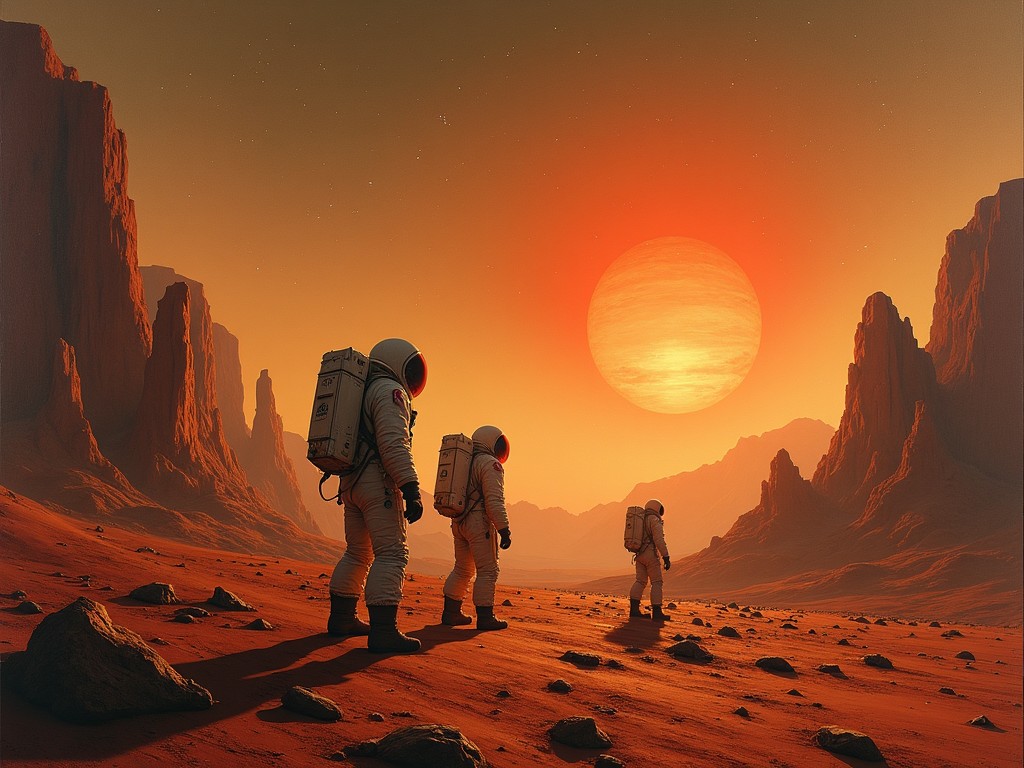 The image depicts three astronauts on a Martian-like landscape. They are exploring a rugged terrain filled with rocks and canyons. The sun is setting on the horizon, casting an orange glow across the scene. The atmosphere is dramatic with large mountains in the background. The astronauts are in traditional space suits, indicating advanced technology. This setting evokes a sense of adventure and exploration in space.