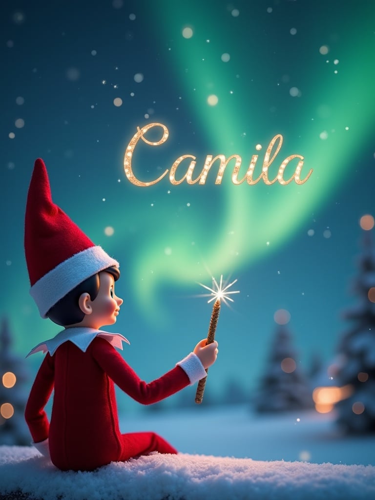 Elf on the shelf holds wand Writes name Camila in sky Magical Christmas scene with northern lights Snowy landscape pine trees 