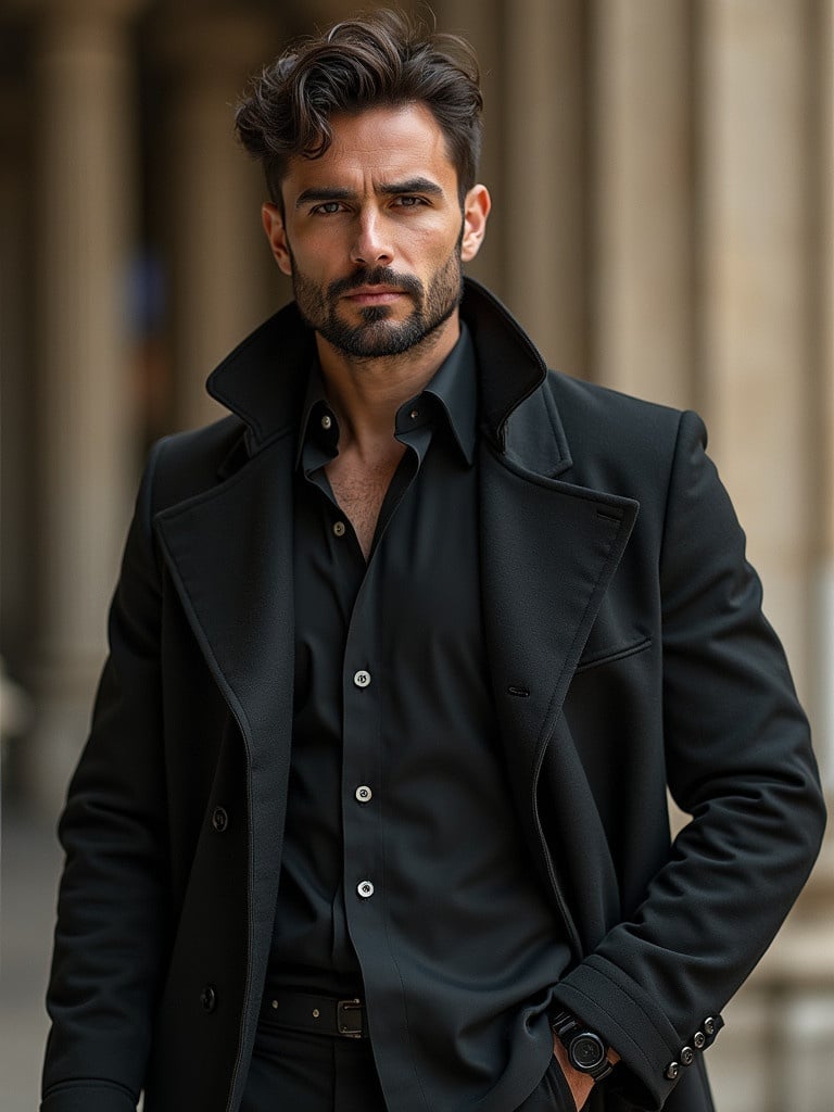 A person standing in an urban setting wearing a stylish black coat and shirt. The focus is on the outfit and setting, with a professional vibe.