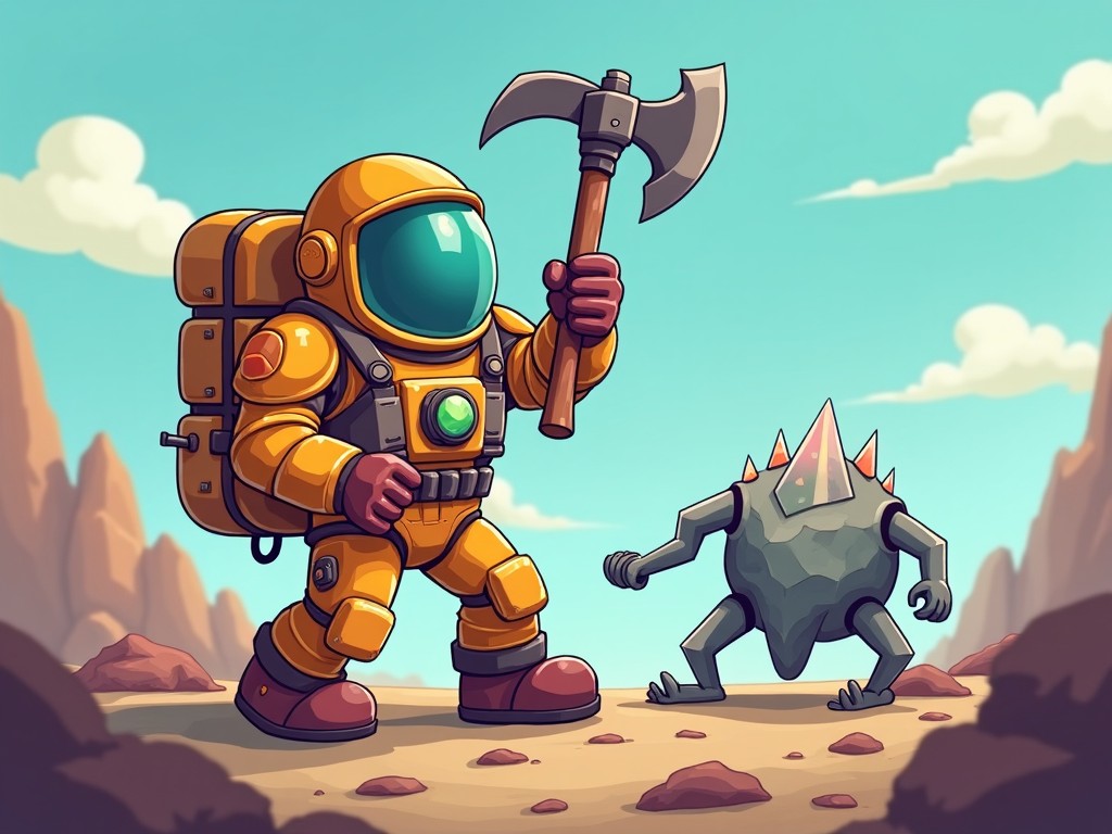 An astronaut in a colorful suit holding an axe confronts a small alien creature in a rocky, extraterrestrial landscape under a bright blue sky.