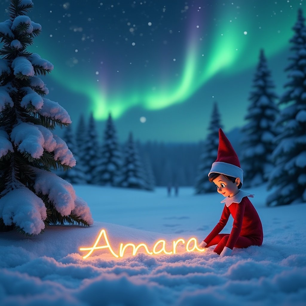 Animated elf from Elf on the Shelf tradition sits in the snow, wearing a classic red outfit, writing name 'Amara' in snow, illuminated in cursive. Night sky has vibrant northern lights, surrounded by snow-covered pine trees.