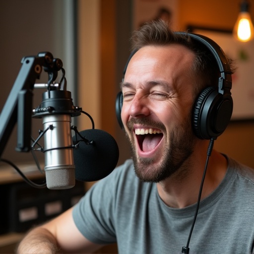 A man with headphones talks into a microphone. The studio is casual and inviting. Emphasis on storytelling and friendly communication.