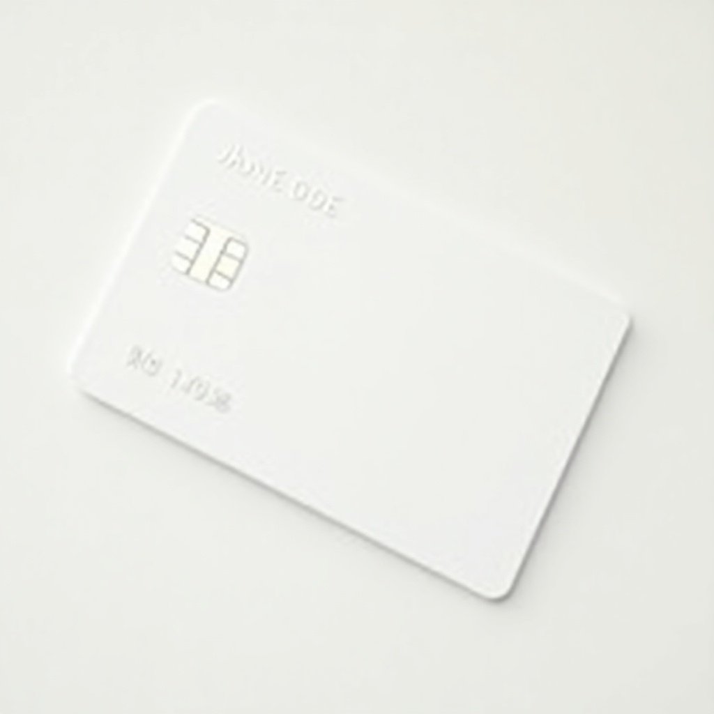 Image of a plain white credit card. Name printed is 'JANE DOE'. Small chip in upper left corner. Background is soft and neutral. Represents modern financial solutions and identity in banking.