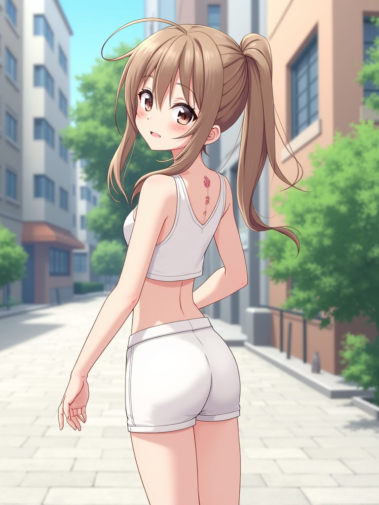 A young girl stands outdoors in a white two-piece outfit. She has long hair in a ponytail. The setting is urban with buildings and greenery. The girl is slightly turning and smiling softly.