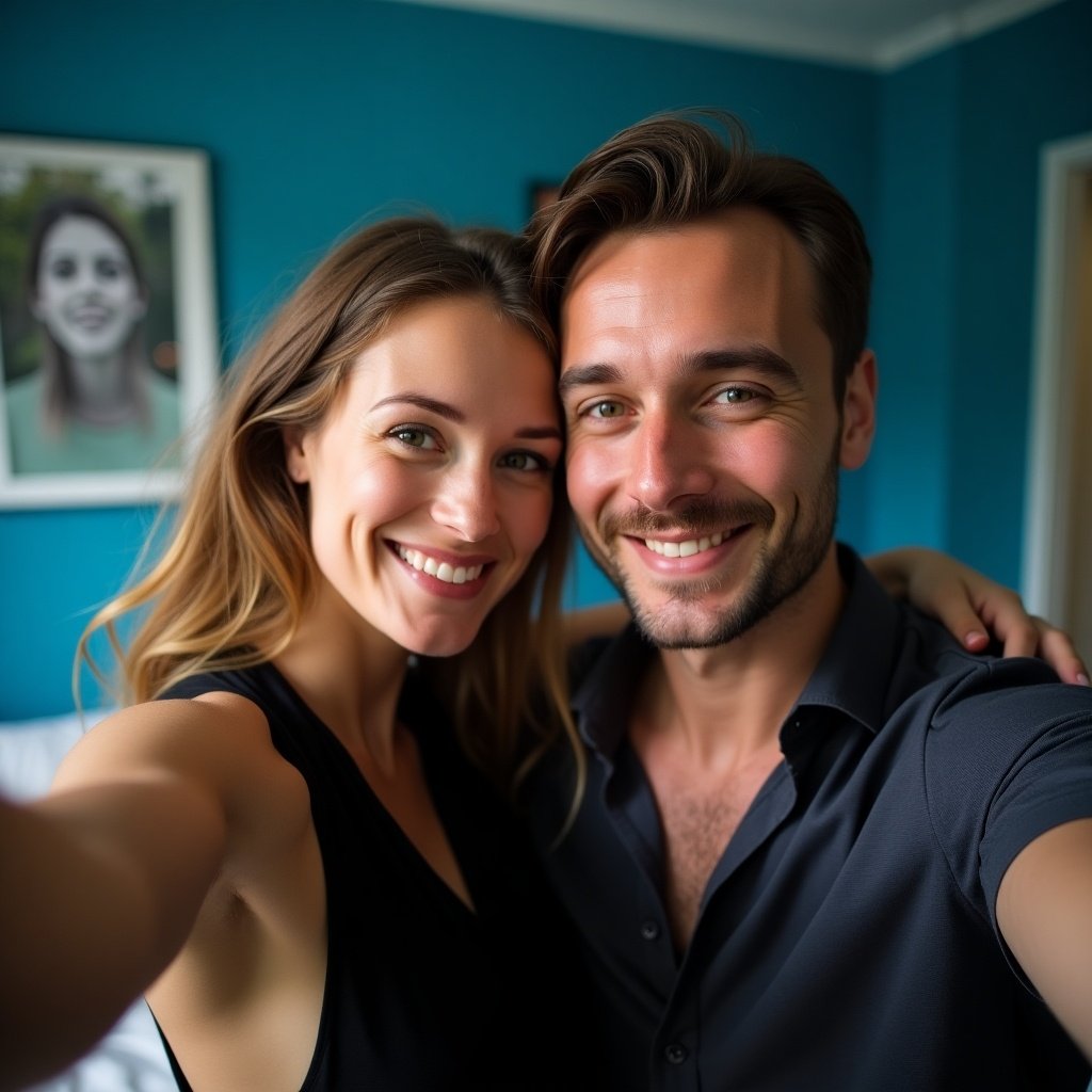 A couple is taking a selfie. The room is painted blue, which personalizes the space. The man wears a dark shirt and the woman a black dress. The scene feels warm and natural, highlighting their close relationship.