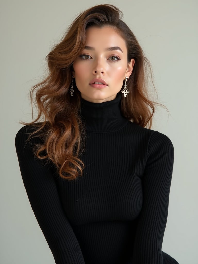 Image of a person with long wavy hair wearing a black turtleneck sweater. Background is light and neutral. Person appears relaxed and confident. They wear subtle earrings that complement their outfit. Overall chic and modern vibe for fashion context.