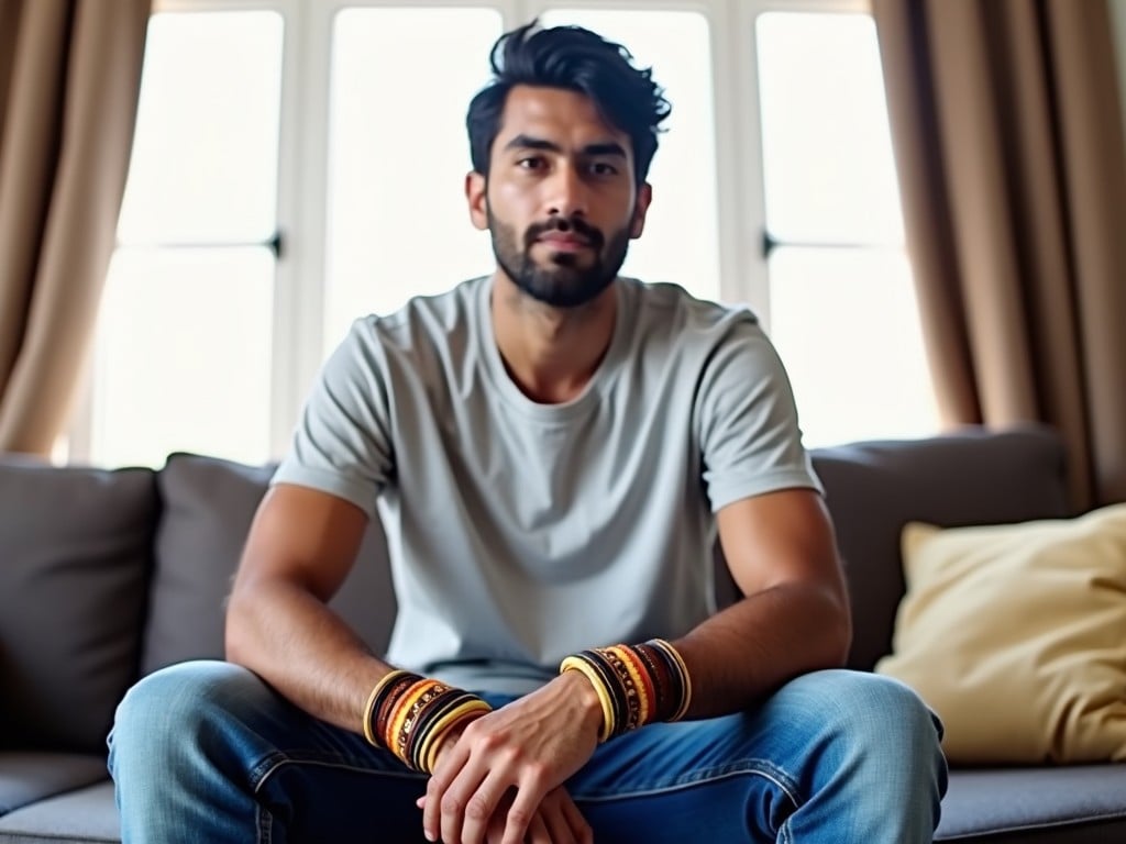 A man sits casually on a sofa in a room with a window in the background. He is wearing a light gray t-shirt and blue jeans, looking directly at the camera with a neutral expression. His wrists are adorned with colorful bracelets, possibly traditional or cultural in nature. The interior includes a curtain and a soft cushion next to him, hinting at a comfortable, homely setting. The light filtering through the window suggests it might be daytime.