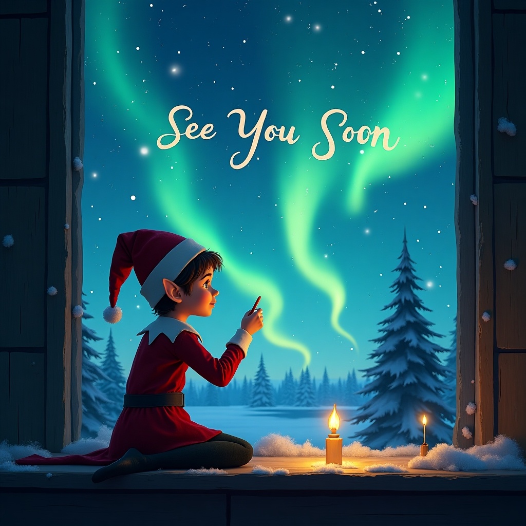 The image features a young elf dressed in a red outfit and hat, sitting by a snowy window. Outside, the enchanting northern lights illuminate the night sky. The elf is playfully pointing as if writing 'See You Soon' in the sky above. Inside the cozy room, warm candlelight flickers. Surrounding the window, snow softly blankets the scene, enhancing the magical winter atmosphere.