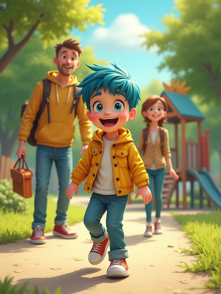 Seven year old boy with short blue hair and emerald green eyes. Wearing a yellow jacket and smiling. Walking in the park with parents. The scene is cheerful and engaging.