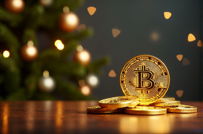 The image shows a stack of golden Bitcoin coins on a wooden surface with a blurred Christmas tree background.