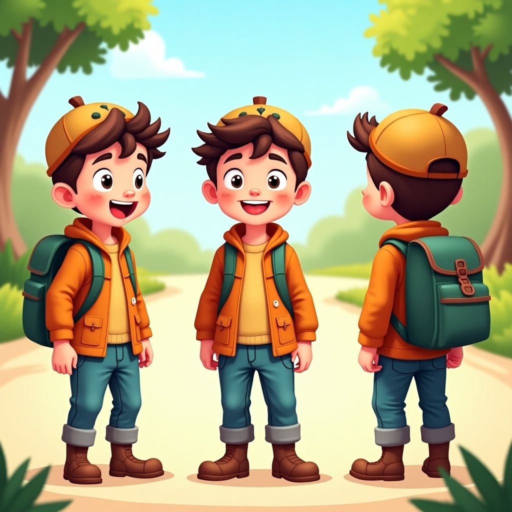 This image features a playful young boy character design showcased from the front, back, and side angles. He has an adventurous spirit, wearing a cozy orange hoodie and a matching cap. The boy carries a green backpack, suggesting he's ready for exploration. The background includes lush green trees, indicating a nature setting. The overall tone is bright and cheerful, perfect for capturing the essence of youth and adventure.